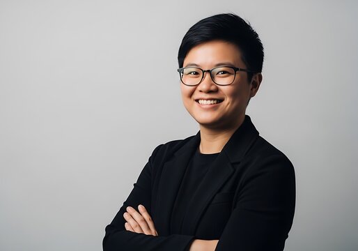 Professional Woman with Glasses and Black Blazer Smiling Confidently.