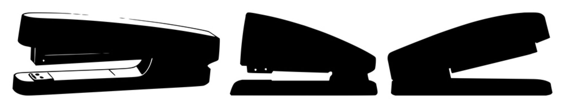 Stapler set with a black silhouette against a white background featuring office supplies, clipper, tool with uniform shape and precision, minimalist line art