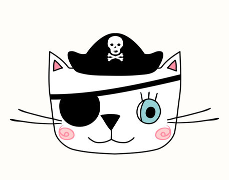 Cute hand drawn pirate vector cat face with eye patch and hat with skull for kids and baby clothing design and cards