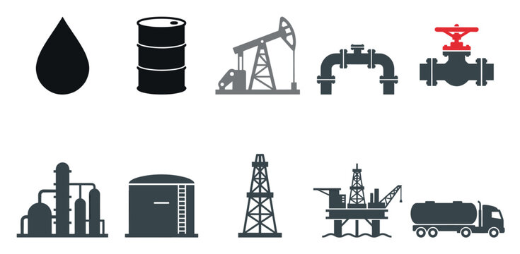 A collection of flat vector icons representing various aspects of the oil and gas industry, including crude oil, barrels, pumps, pipelines, and offshore platforms.