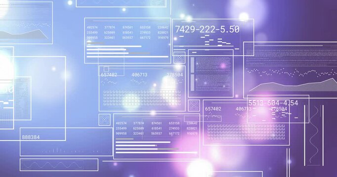 Interface cluster unfolding on purple gradient, bright flare pulsing and revealing technology data