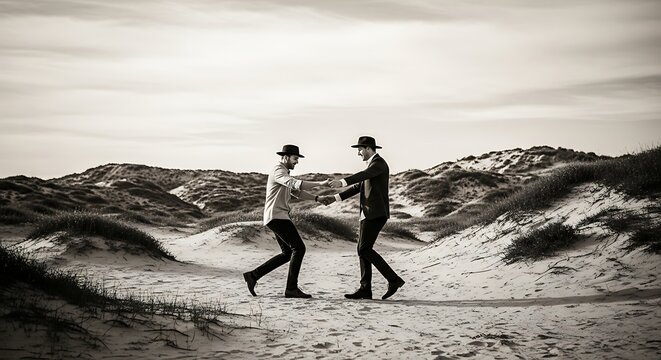 Two men in hats dancing on a sandy beach with dunes.