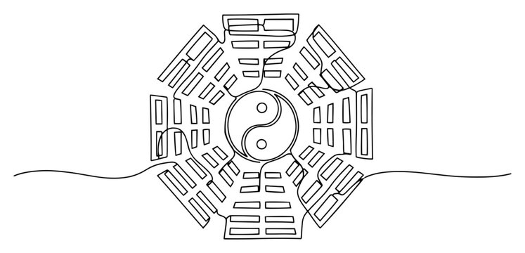 Bagua eight trigrams symbol with yin yang center in minimalist continuous line art style