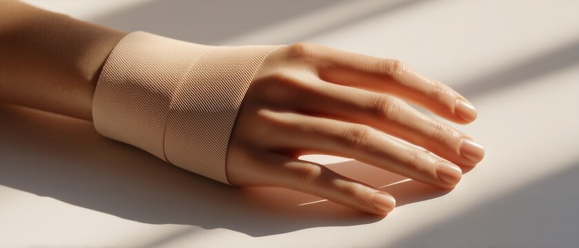 包帯で保護された手の静かな表情。医療やケアのイメージ素材