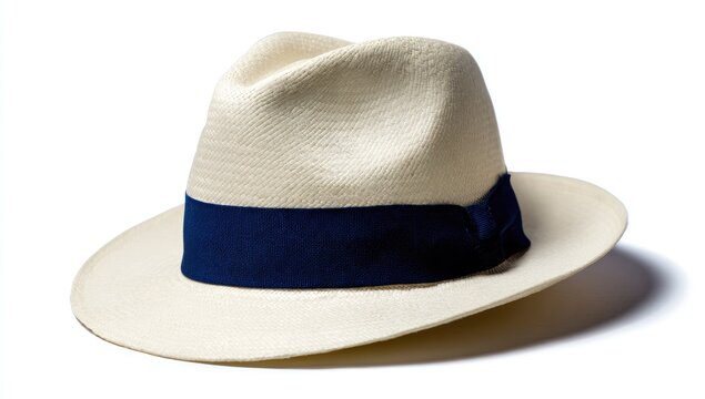 A crisp, white woven fedora with a bold navy blue ribbon
