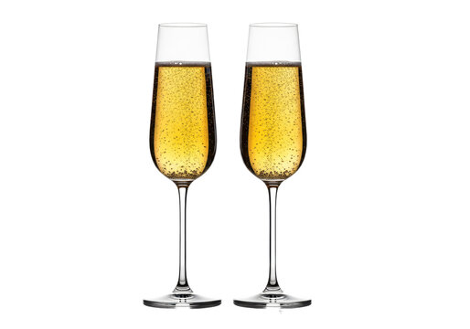 Two pristine crystal champagne flutes, filled three-quarters with golden sparkling champagne showing intense effervescence, isolated on brilliant white background. Luxury celebration concept
