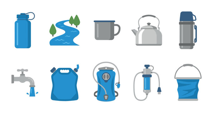 A collection of flat design icons representing various outdoor water equipment including bottles, kettles, filters, and containers against a white background.