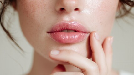 Naklejka premium 潤いのある女性の唇のクローズアップ。美容やスキンケアのイメージ素材。