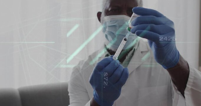 Aligning syringe with vial clinic doctor mask gloves drawing dose for vaccination checking overlays
