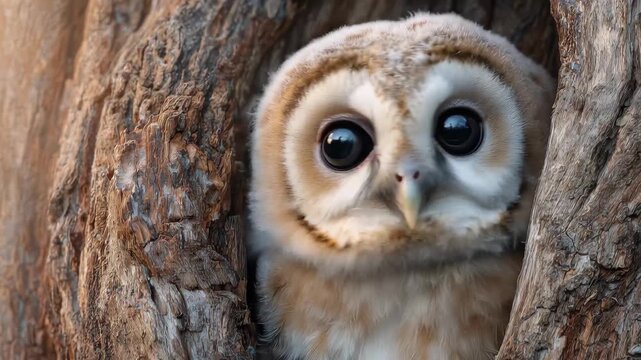 Owl sits in tree trunk during daytime, looking out with large eyes at surrounding nature and displaying its feathers