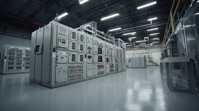 Large electrical switchgear control panels line an indoor industrial facility, managing power distribution and operational control for modern infrastructure and critical systems