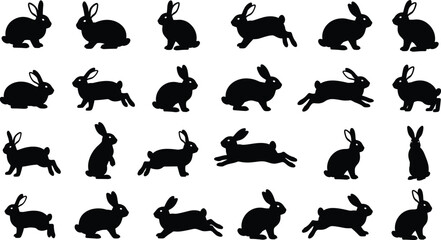 Fototapeta premium Rabbit silhouette collection featuring bunny shapes in various poses like jumping running and sitting isolated on white background for easter nature wildlife and vector illustration design projects