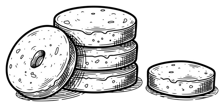 Sweet donut and stack of pancakes in hand drawn vintage engraving style