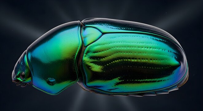Close-up of a vibrant iridescent jade green beetle wing casing with metallic textures and intricate detail