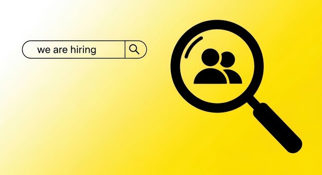 A graphic illustration of a magnifying glass over two people icons with a search bar saying we are hiring on a yellow background
