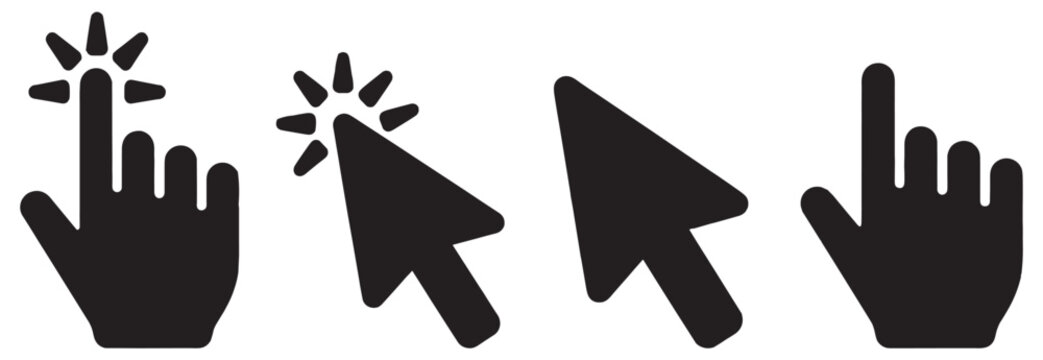 cursor and hand click icons, mouse pointer and gesture symbols, outline and silhouette vector illustration isolated on transparent background