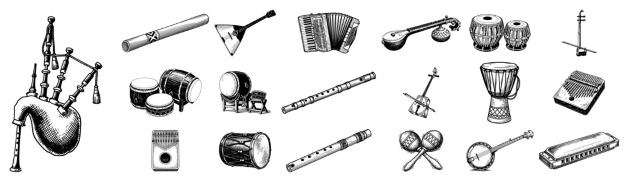 Collection of diverse traditional musical instruments from around the world in vintage engraving style
