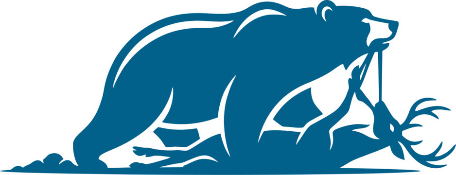 Predator bear standing over a hunted deer silhouette can be Editable
