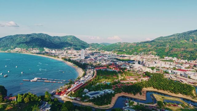 Aerial view of Patong beach, Phuket island coastline in Thailand.