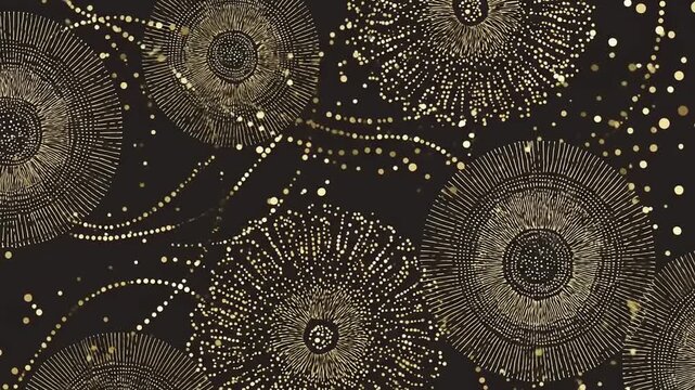 Abstract circular motifs with flowing gold pointillism on black background