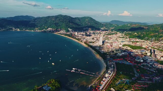 Aerial view of Patong beach, Phuket island coastline in Thailand.