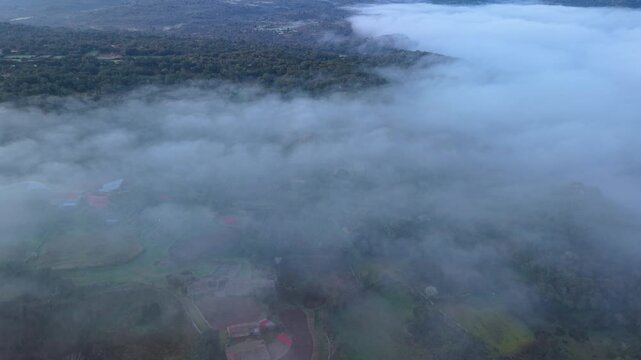 Aerial view from a drone of the area surrounding the village of M&aacute;moles in the Sayago region. Arribes del Duero Natural Park. Province of Zamora. Castile and Le&oacute;n. Spain. Europe