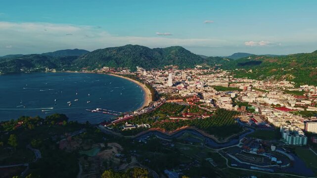 Aerial view of Patong beach, Phuket island coastline in Thailand.