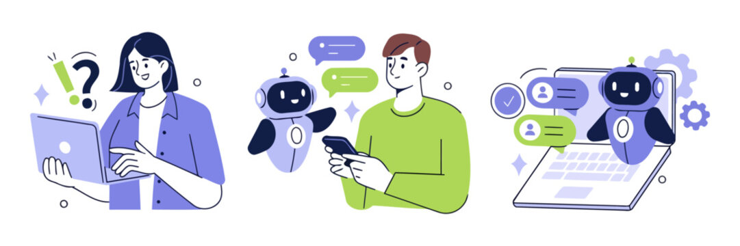 Customer service and AI chatbot interaction with people and technology artificial intelligence user experience flat design technology communication question smartphone dialogue virtual assist