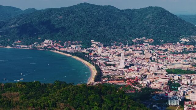 Aerial view of Patong beach, Phuket island coastline in Thailand.
