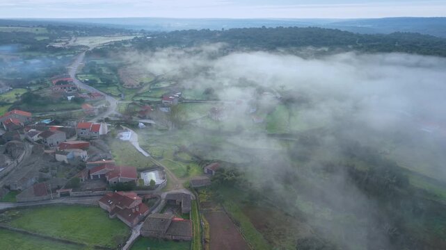 Aerial view from a drone of the area surrounding the village of M&aacute;moles in the Sayago region. Arribes del Duero Natural Park. Province of Zamora. Castile and Le&oacute;n. Spain. Europe