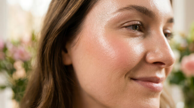 Macro shot of a dewy, glowing cheekbone and a subtle sweep of pink blush, with soft spring light highlighting the skin