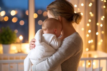 Soft Pastel Nursery Scene with Parent Gently Holding Baby Wrapped in Blanket