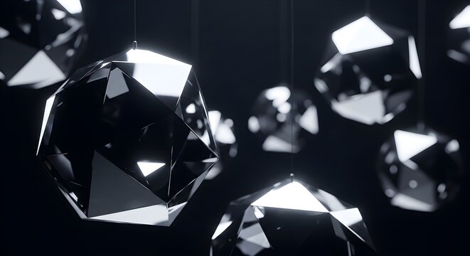 Polished metallic octahedrons suspended in dark space, showcasing modern geometric design