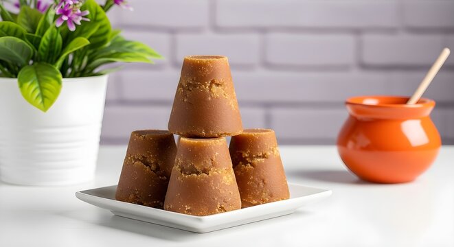 Stacked conical blocks of unrefined brown sugar on a white plate, showcasing natural sweetener for culinary use.