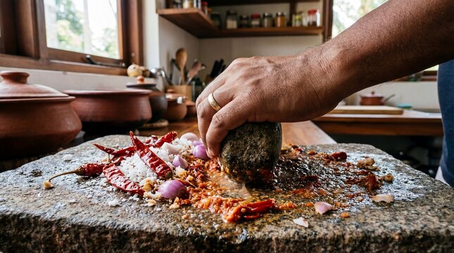 A close-up shot of a hand using a traditional granite grinding stone to crush red chilies, shallots, and salt for authentic Sri Lankan sambal.