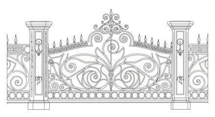 Fototapeta premium Ornate Wrought Iron Gate with Decorative Spikes and Scrollwork Line Drawing Isolated on White Background