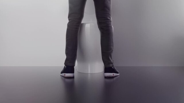 Men facing the toilet but unable to urinate, urinary system diseases, prostate problems, frequent urination, urgency, and difficulty urinating, 3D animation.