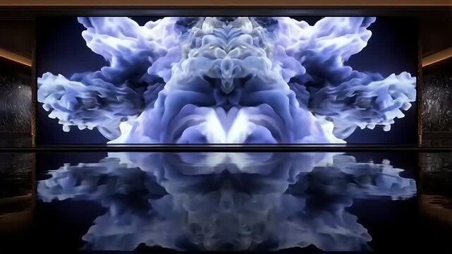 Symmetrical blue and white abstract gaseous explosion displayed on large screen with reflective floor