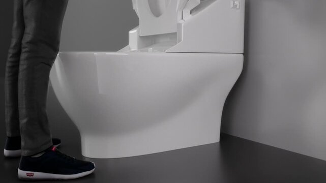 Men experiencing incomplete or intermittent urination in the toilet, urinary tract diseases, prostate problems, frequent urination, urgency, and difficulty urinating, 3D animation.