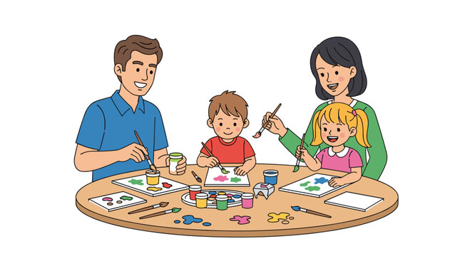 A smiling family gathers around a circular wooden table to practice painting with jars of liquid pigment and various artistic brushes in their cozy home.