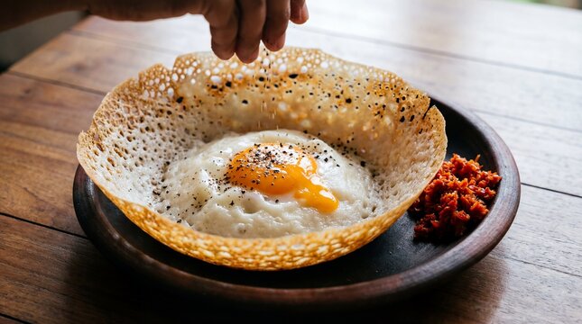 A close-up shot of a hand sprinkling black pepper over a traditional Sri Lankan egg hopper served with spicy lunu miris on a wooden table.