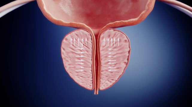 Prostatitis and redness compressing bladder and urethra, enlarged in two directions, leading to difficulty urinating, kidney damage, urinary tract infections. Urinary system anatomy, medical 3D.