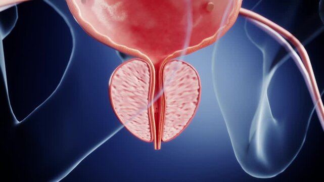 Prostatitis and redness enlarged compressing bladder and urethra, leading to difficulty urinating, nephritis, kidney damage, and urinary tract infections. Urinary system anatomy, medical 3D animation.