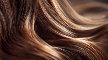 Naklejka premium Macro shot on the texture of long, healthy, flowing brown hair, shining brightly, with fingers gently running through it
