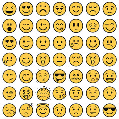Fototapeta premium Collection of various yellow emoticon faces on white background 
