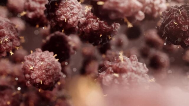 Cancer cells grow uncontrollably in tissues, the number of cancer cells increases in tumor environment, tumor cells infect and spread, metastatic cancer, immunotherapy and chemotherapy, 3D animation.