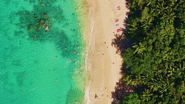 Aerial top view Amazing travel landscape turquoise clear water paradise tropical banana beach Phuket, Thailand.