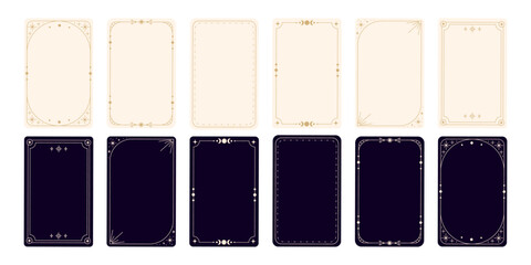 Tarot card templates frame set with elegant gold decorative borders in mystical esoteric style for tarot decks, oracle cards, astrology designs, spiritual branding, and magical prints. Vector © Ilonka eva