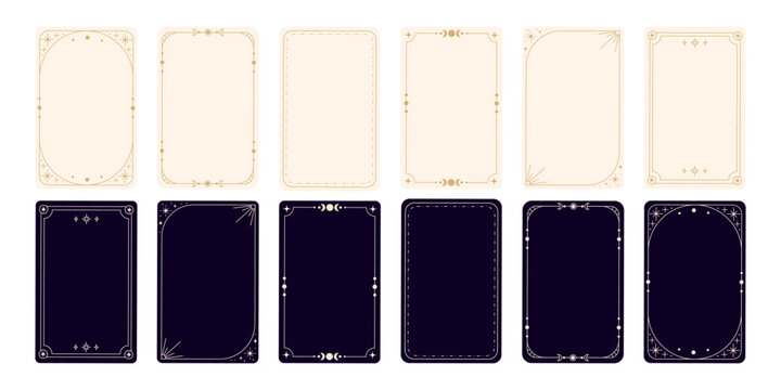 Tarot card templates frame set with elegant gold decorative borders in mystical esoteric style for tarot decks, oracle cards, astrology designs, spiritual branding, and magical prints. Vector