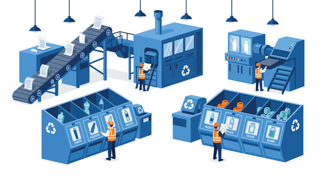 A detailed blue isometric illustration depicts a modern recycling facility where workers in safety vests manage various sorting bins and machinery.